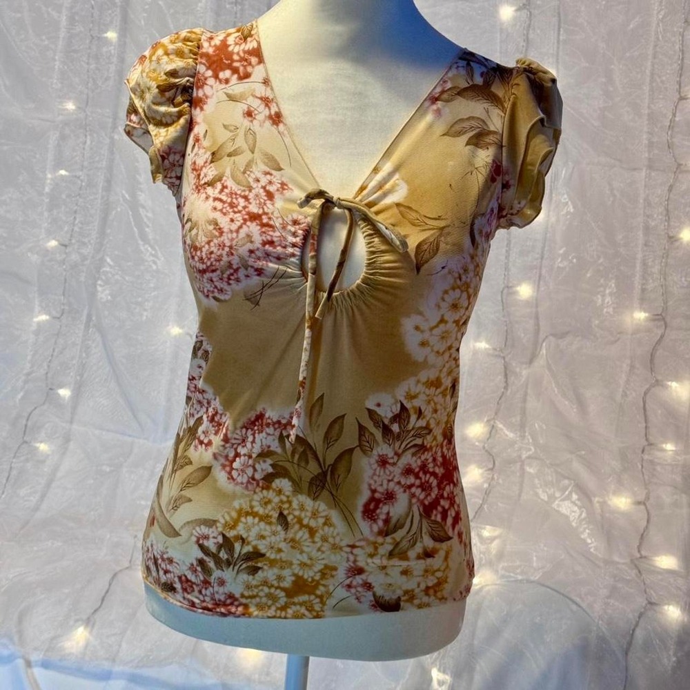 Vintage Y2K Fairycore Size S Floral Top Flutter Sleeve Tie Closure Keyhole Front